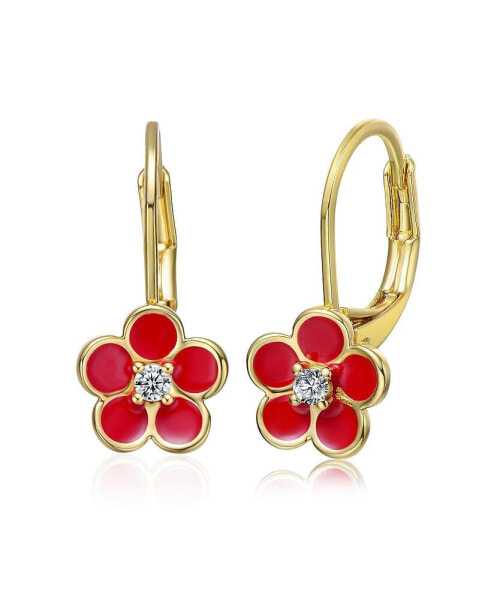 14k Yellow Gold Plated with Red Enamel and Cubic Zirconia Flower Dangle Earrings