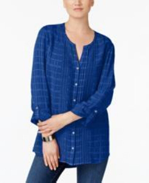 Jm Collection Women's Split Neck Printed Button Down Shirt Blouse Blue S