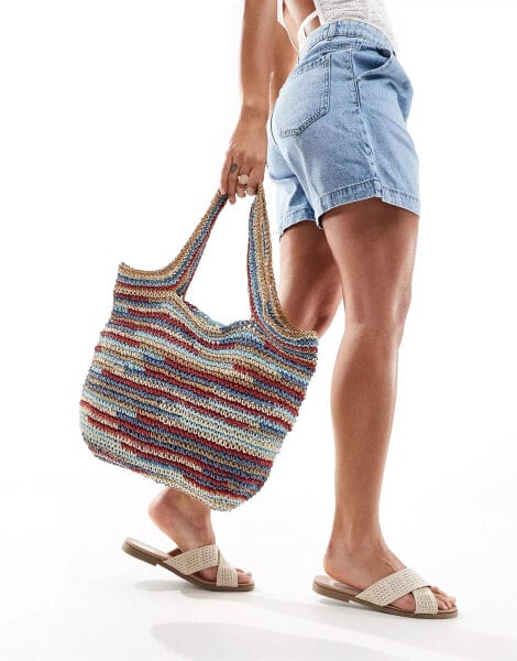 ASOS DESIGN hand crochet straw tote bag in multi stripe