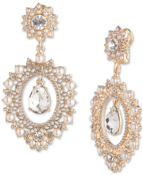 Gold-Tone Crystal & Imitation Pearl Flower Orbital Drop Earrings