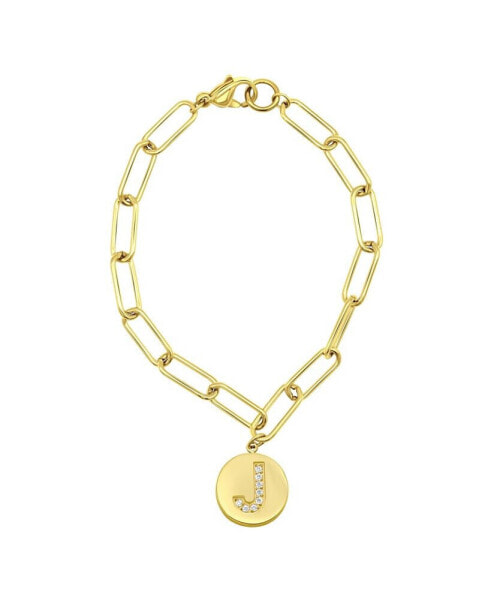 Tarnish Resistant 14K Gold-Plated Pave Crystal Initial Disc Paperclip Bracelet