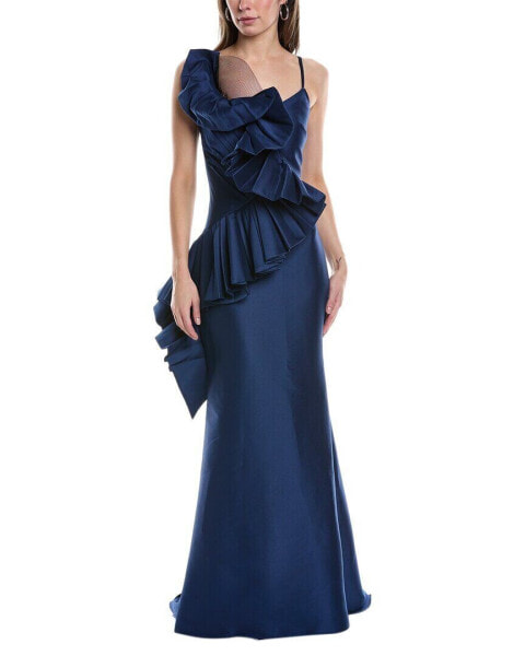 Badgley Mischka Pleated Swirl Gown Women's Blue 10