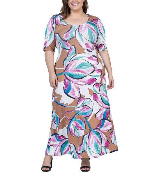 Plus Size Elbow Sleeve Casual A Line Maxi Dress