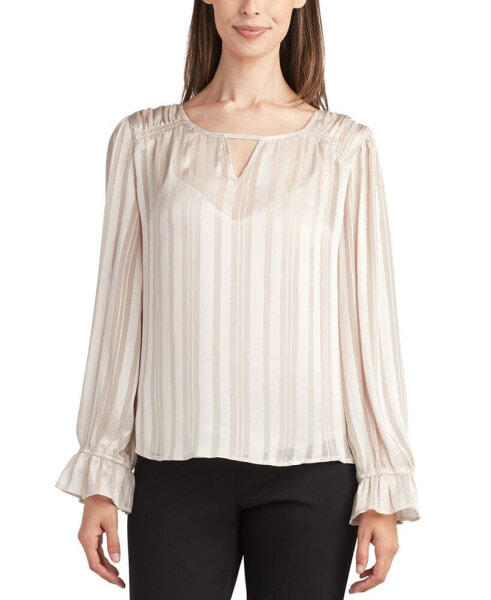 Juniors' Shimmering Ruched-Shoulder Long-Sleeve Keyhole Top