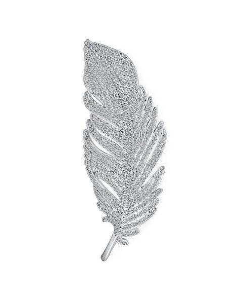 Classic Elegant Traditional Style Large Micro Pave CZ Fan Feather Leaf Brooch Pin & Pendant 2 in 1 For Women Rhodium Brass