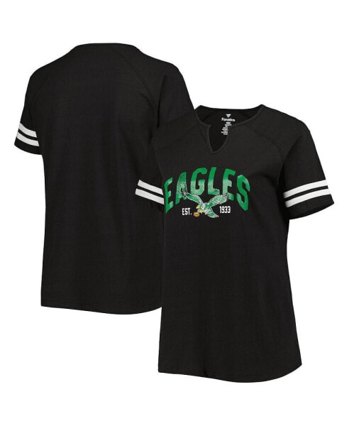 Women's Black Philadelphia Eagles Plus Size Throwback Notch Neck Raglan T-shirt