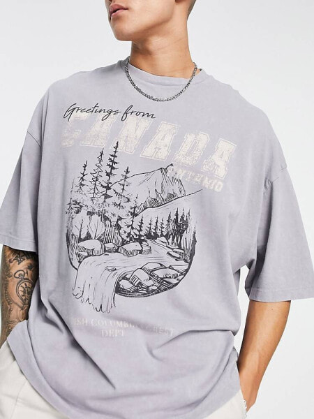 Футболка ASOS DESIGN Oversize-T-Shirt с принтом "Канада" на передней части, серого цвета