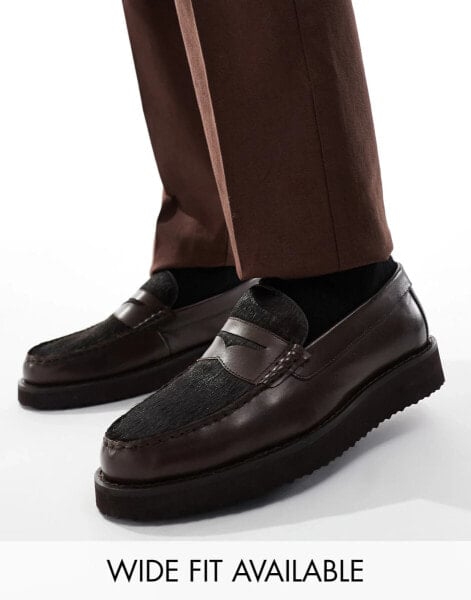 ASOS DESIGN – Pennyloafer aus braunem Leder mit Pelzdetail