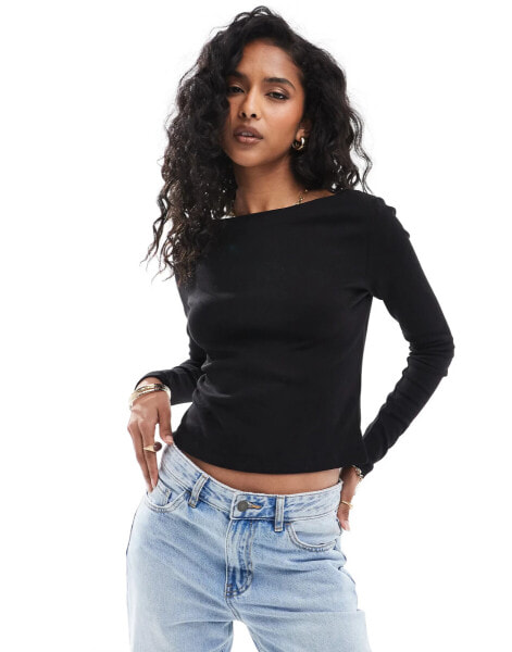 Pieces boat neck long sleeve top in black