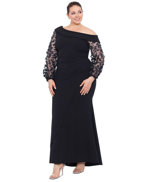 Plus Size Off-The-Shoulder Floral-Sleeve Gown