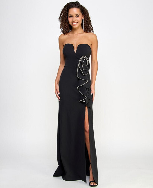 Juniors' Strapless Embellished Floral Gown