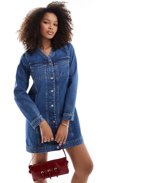 ASOS DESIGN – Langärmliges Western-Jeanskleid in Mittelblau