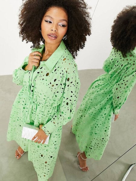 ASOS EDITION broderie drawstring long sleeve midi shirt dress in bright green