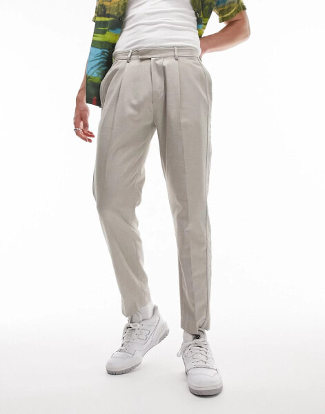 Topman tapered linen blend mix trousers in stone