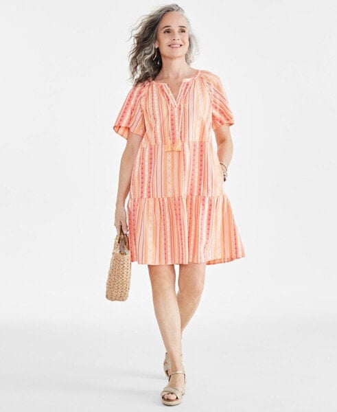 Women's Stripe Split-Neck Tiered Dress, Created for Macy's