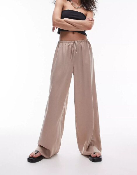 Topshop satin straight leg drawcord trouser in taupe