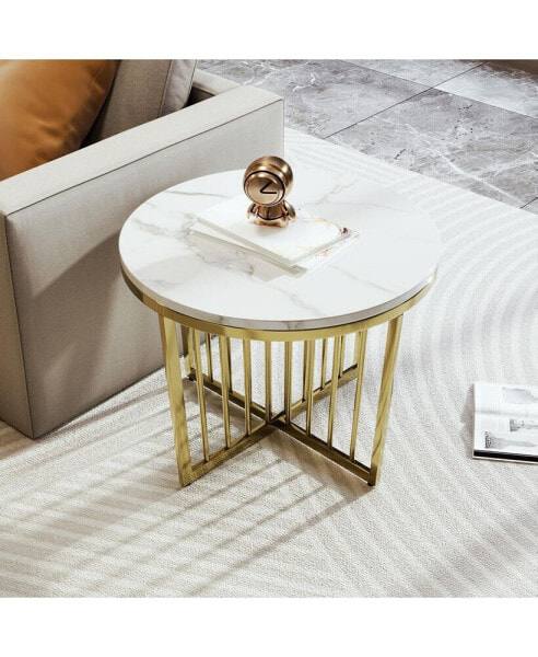 Modern Round Nesting Coffee Table Set 2-Piece White & Marbling Top Gold Base