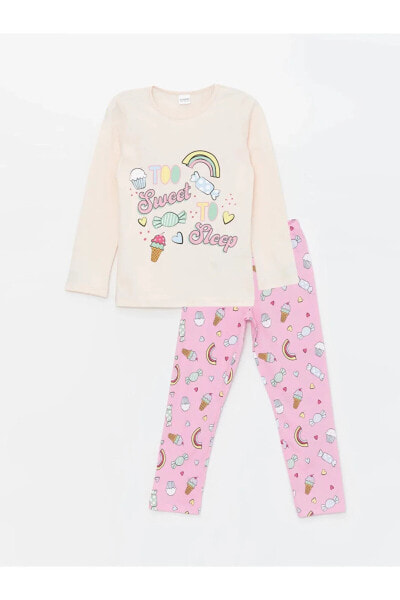 LCW Kids Bisiklet Yaka Baskılı Uzun Kollu Kız Çocuk Pijama Takımı