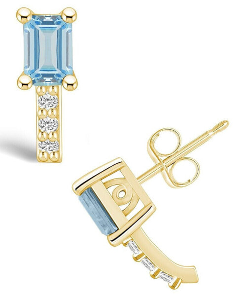 Aquamarine (1 ct. t.w.) and Diamond (1/8 ct. t.w.) Stud Earrings in 14K Yellow Gold