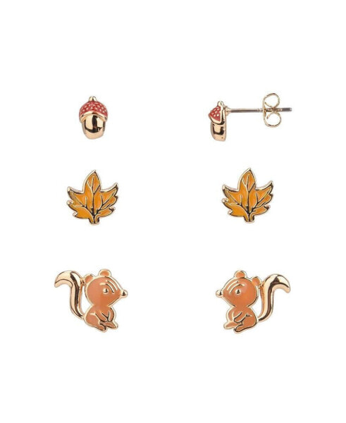 Gold-Tone Squirrel, Leaf and Acorn Trio Earring Set, 6 Pieces
