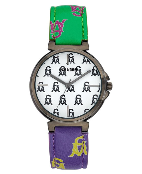 Women's Multi Colored- Green, Purple, Pink, Yellow Polyurethane Leather with Steve Madden Logo and Stitching Watch, 36mm