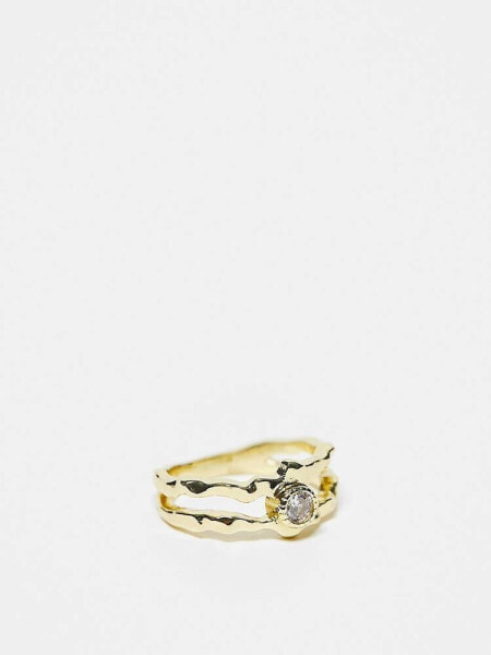 Pieces plated gift boxed molted metal ring with single diamante in gold