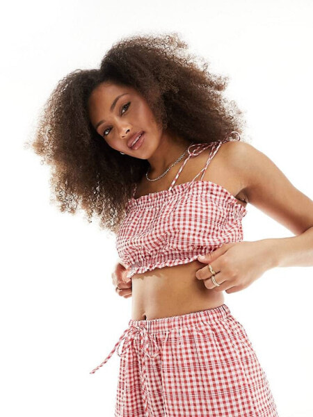 ASOS DESIGN bandeau top with tie detail in red gingham co-ord