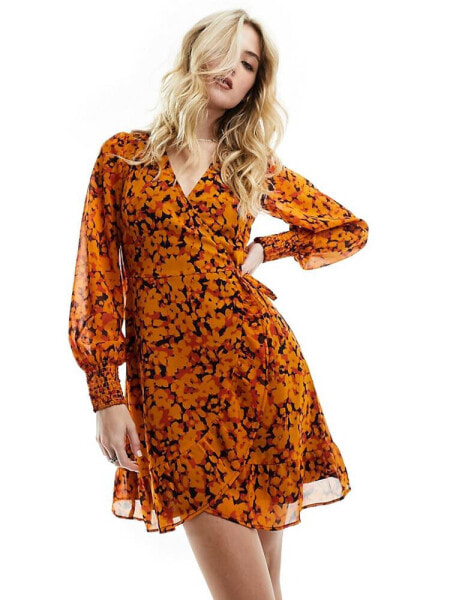 Wednesday's Girl marigold floral wrap mini dress in yellow