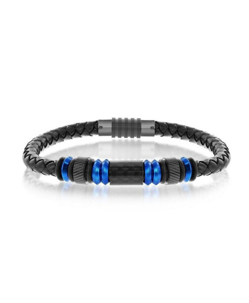 Stainless Steel w/ Black Carbon Fiber Genuine Leather Bracelet