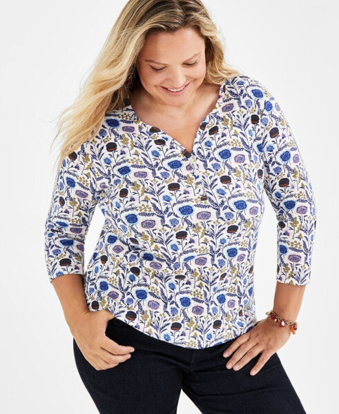 Plus Size Printed Henley 3/4-Sleeve Top, Created for Macy's