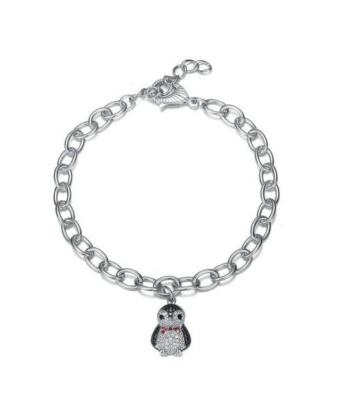 White Gold Plated with Ruby Red, Black and White Cubic Zirconia Bird Charm Bracelet in Sterling Silver