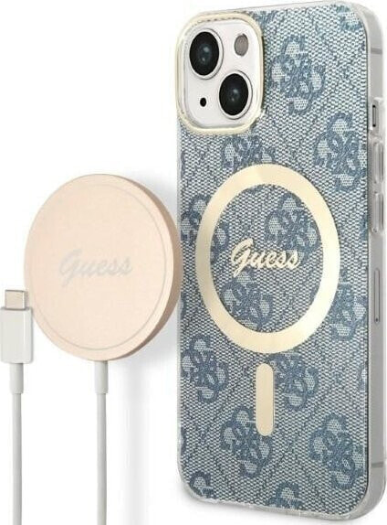 Guess Zestaw Guess GUBPP14SH4EACSB Case+ Charger iPhone 14 6,1" niebieski/blue hard case 4G Print MagSafe NoSize