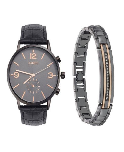 Часы и аксессуары Jones New York мужские наручные часы с кожаным ремешком черного цвета с крокодиловой текстурой 42 мм - набор подарочный