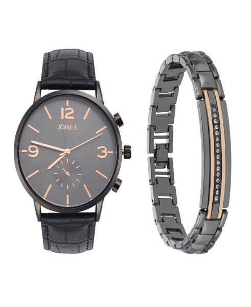 Men's Analog Black Croc Leather Strap Watch 42mm Bracelet Gift Set