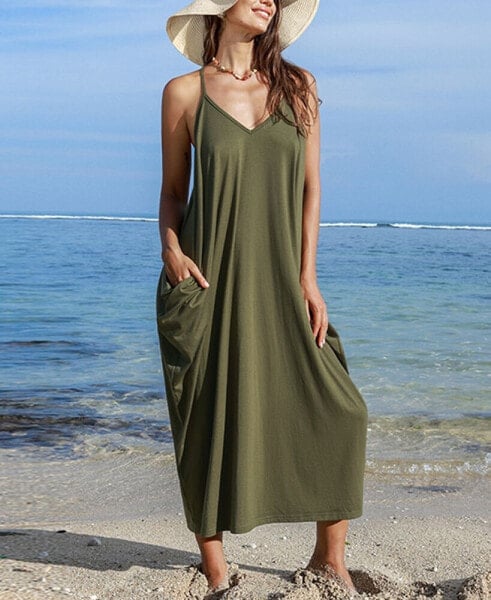 Women's Olive Sleeveless V-Neck Loose Fit Maxi Beach Dress