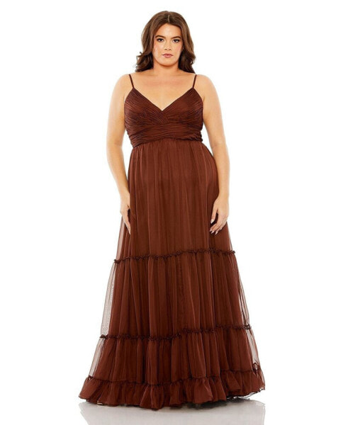 Women's Plus Size Tiered V-Neckline Ruched Gown