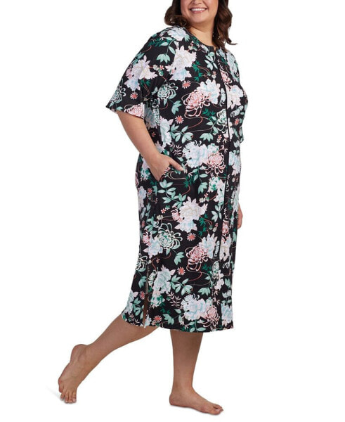 Plus Size Printed 3/4-Sleeve Zip-Front Robe