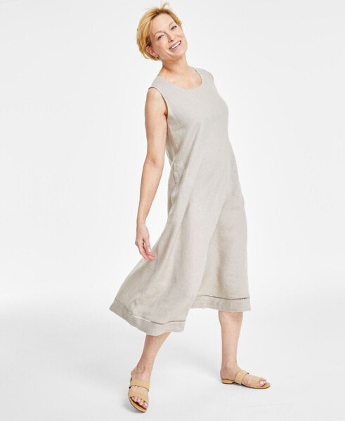 Women's 100% Linen Ladder-Stitch Midi Dress, Created for Macy's