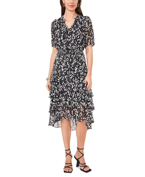 Women's Printed Puff-Sleeve Tiered Midi Dress