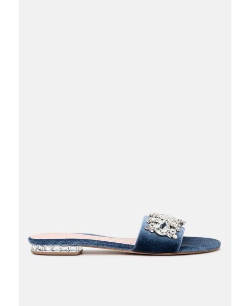 sally women's blue flat embellished sandals