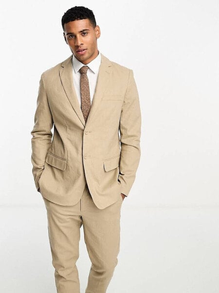 Only & Sons slim fit linen mix suit jacket in beige