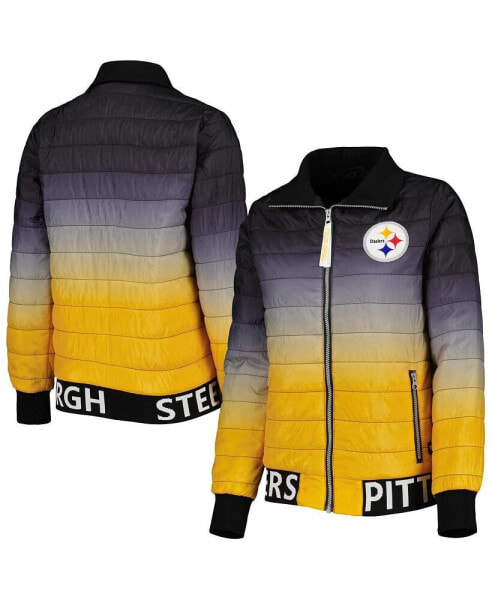 Куртка пуховик с полной молнией женская The Wild Collective черная, золотая, в цвета Pittsburgh Steelers