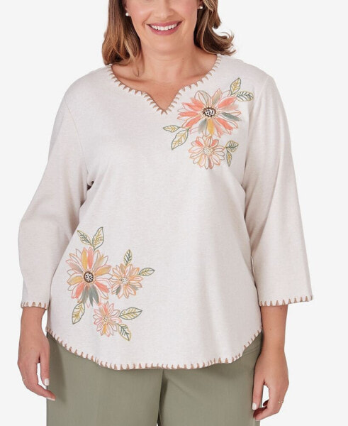 Plus Size Tuscan Sunset Embroidered Flower Top