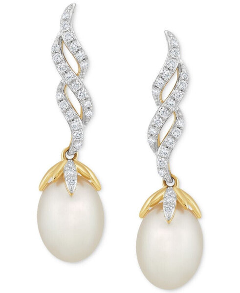 Cultured Freshwater Pearl (7 - 7 1/2mm) & Diamond (1/5 ct. t.w.) Twist Drop Earrings in 10k Gold