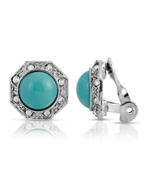 Gold Tone Turquoise Color Crystal Round Button Clip Earring