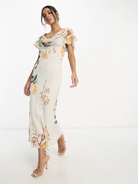 ASOS DESIGN flutter sleeve cowl neck midi dress in cream floral print