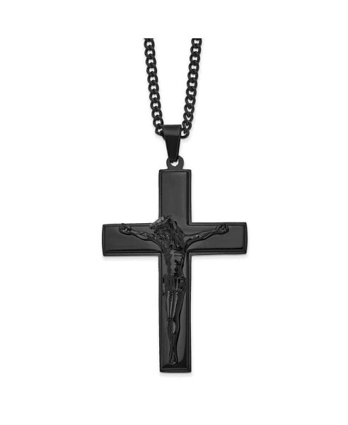 Chisel polished Black IP-plated Crucifix Pendant Curb Chain Necklace