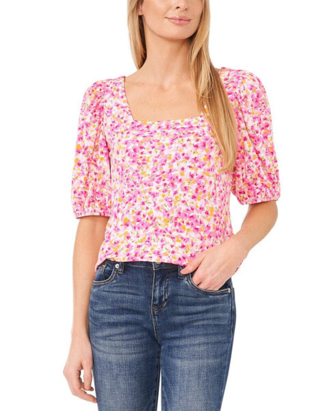 Women's Floral Print Square Neck Puff Sleeve Knit Top