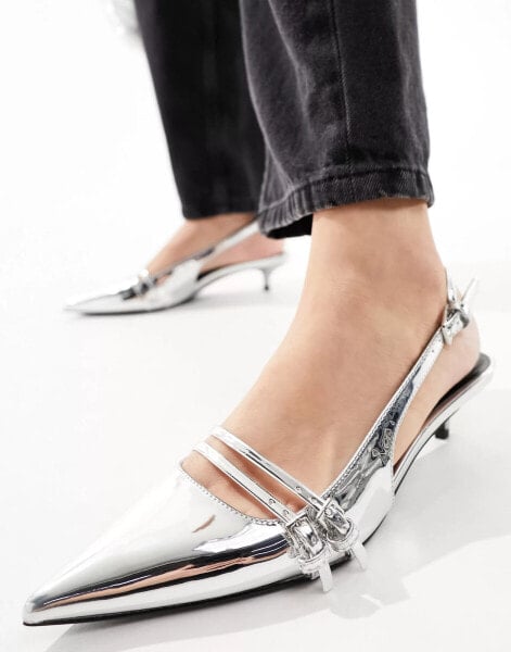 Pull&Bear sling back with buckle detail kitten heel in silver