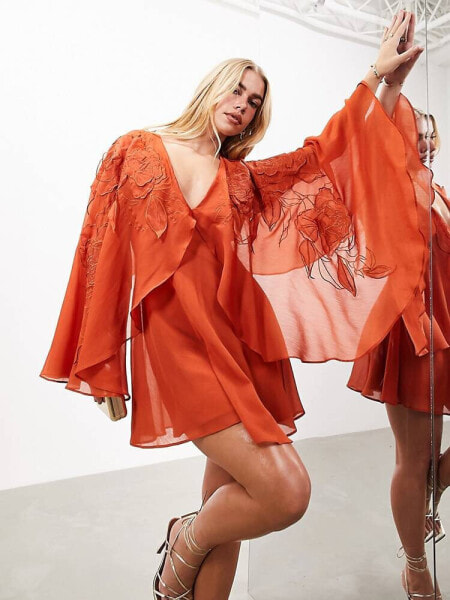 ASOS EDITION applique floral cape sleeve full skirt mini dress in rust